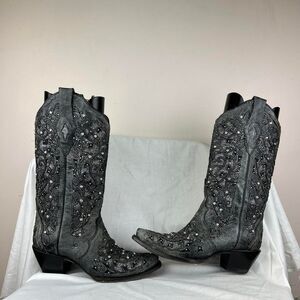 Corral Boots Womens Studded Tooled Inlay Glitter Snip Mid Heel A3672 Size 8.5
